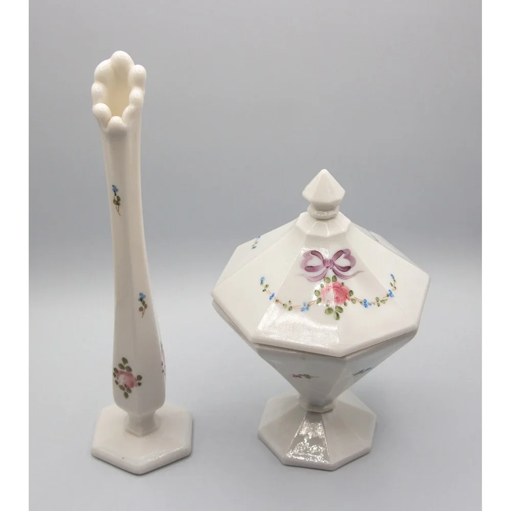 Vintage Milk Glass Floral Bud Vase‎ and Lidded Candy Dish Set Hand Painted Roses